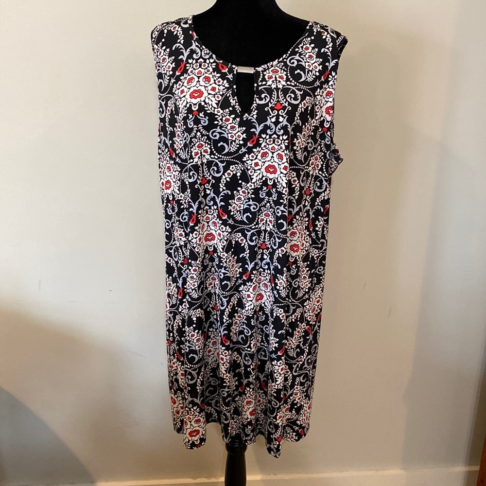 Paper Plane sleeveless dress. Black with red,white, and gray detailing. Size 2X